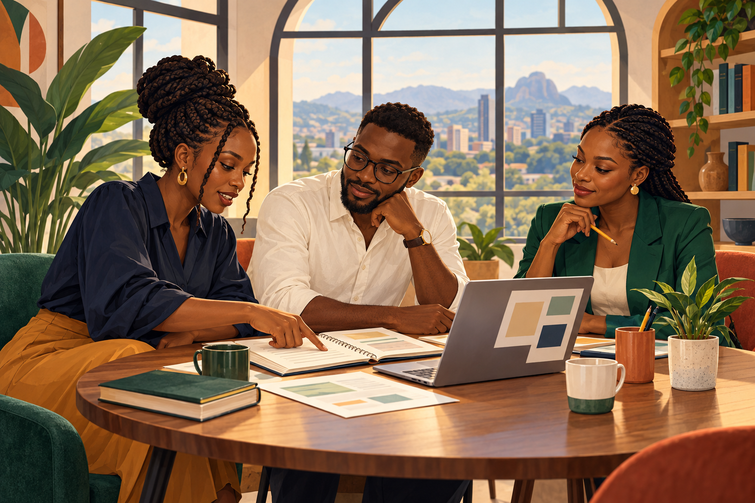 Illustration of three African adults discussing a financial plan around a table