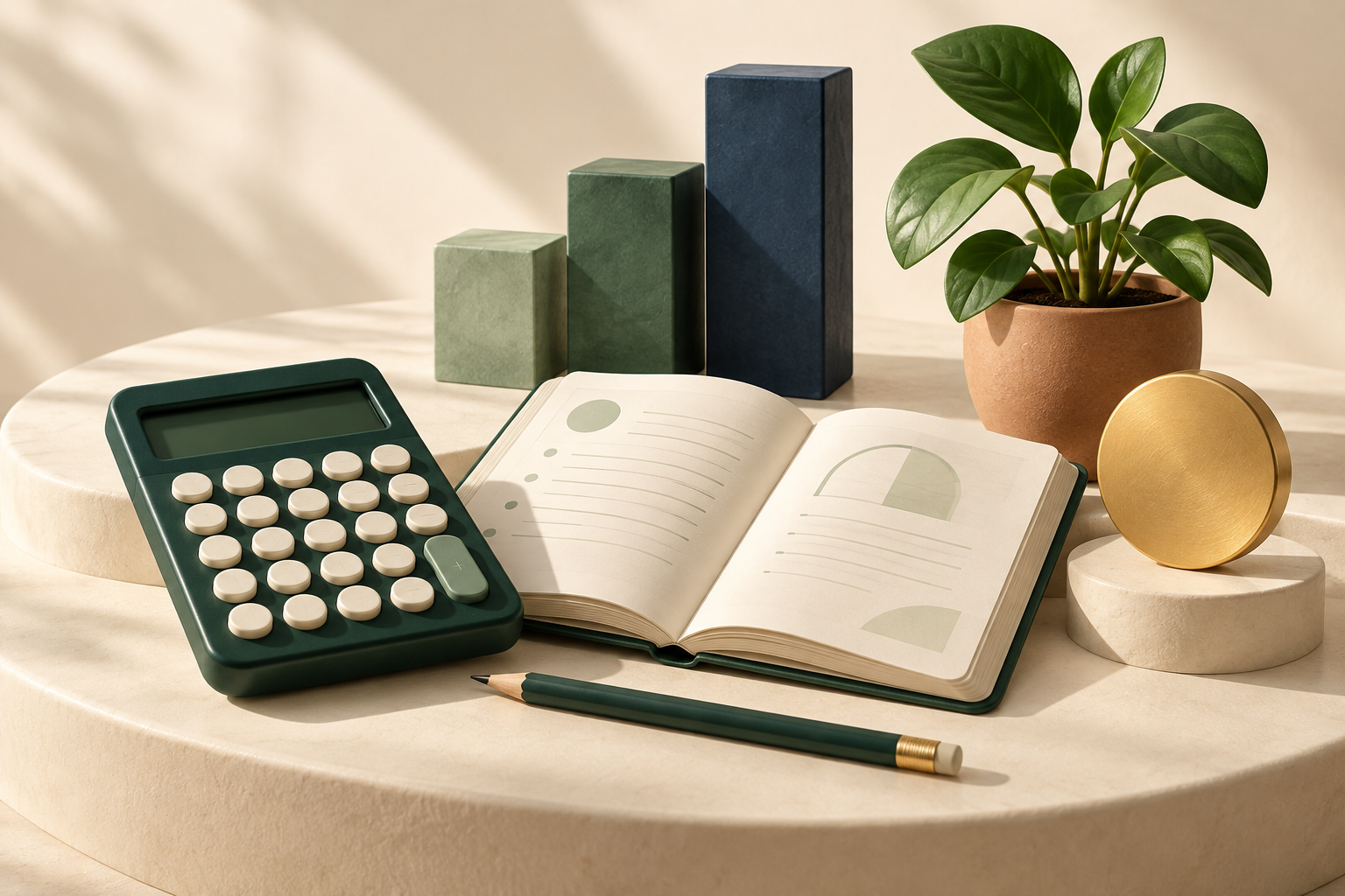 Conceptual illustration of a calculator, planner, savings token and growing plant